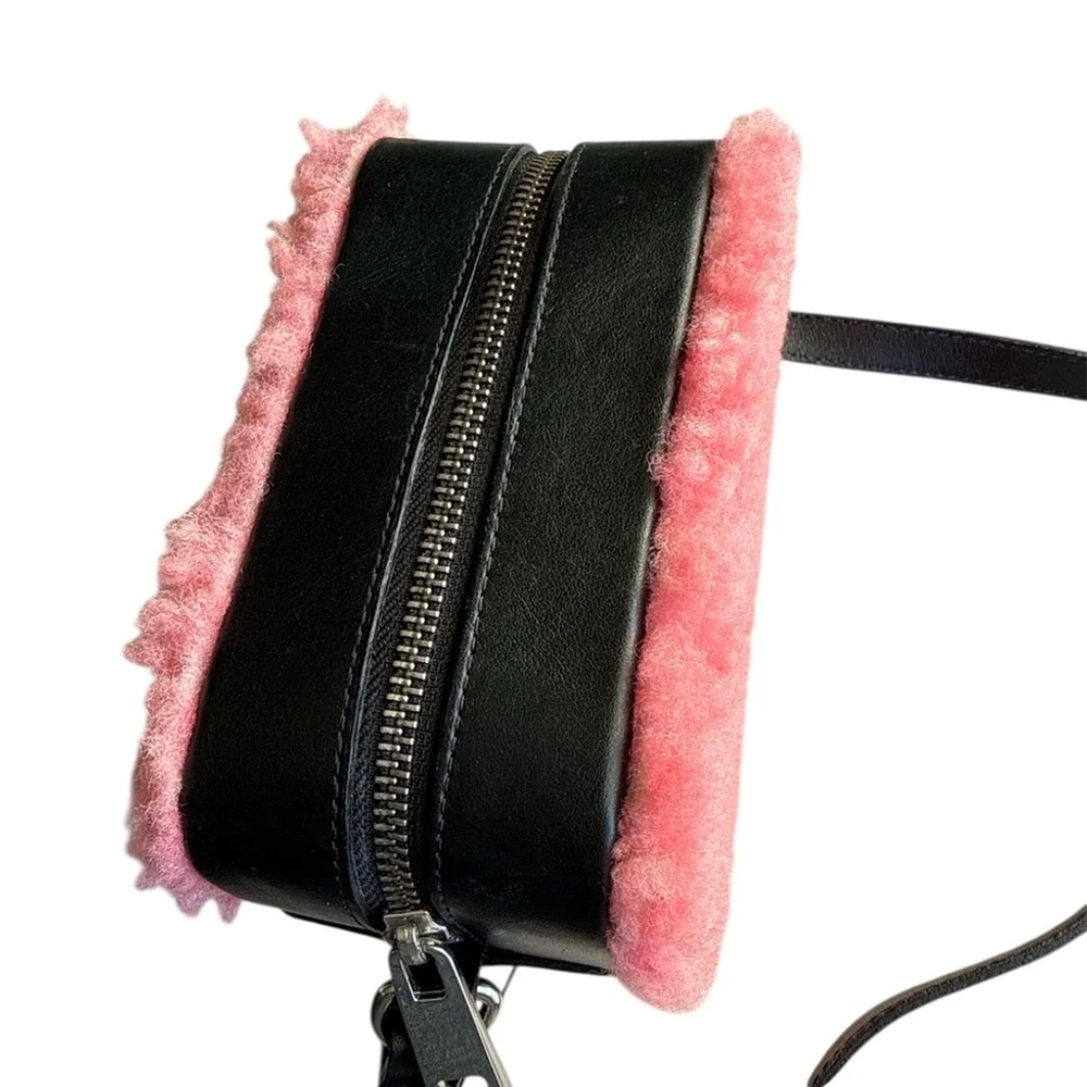 Sandro Aida Leather-Trimmed Pink Faux Fur Crossbody Bag Single Strap Rectangle